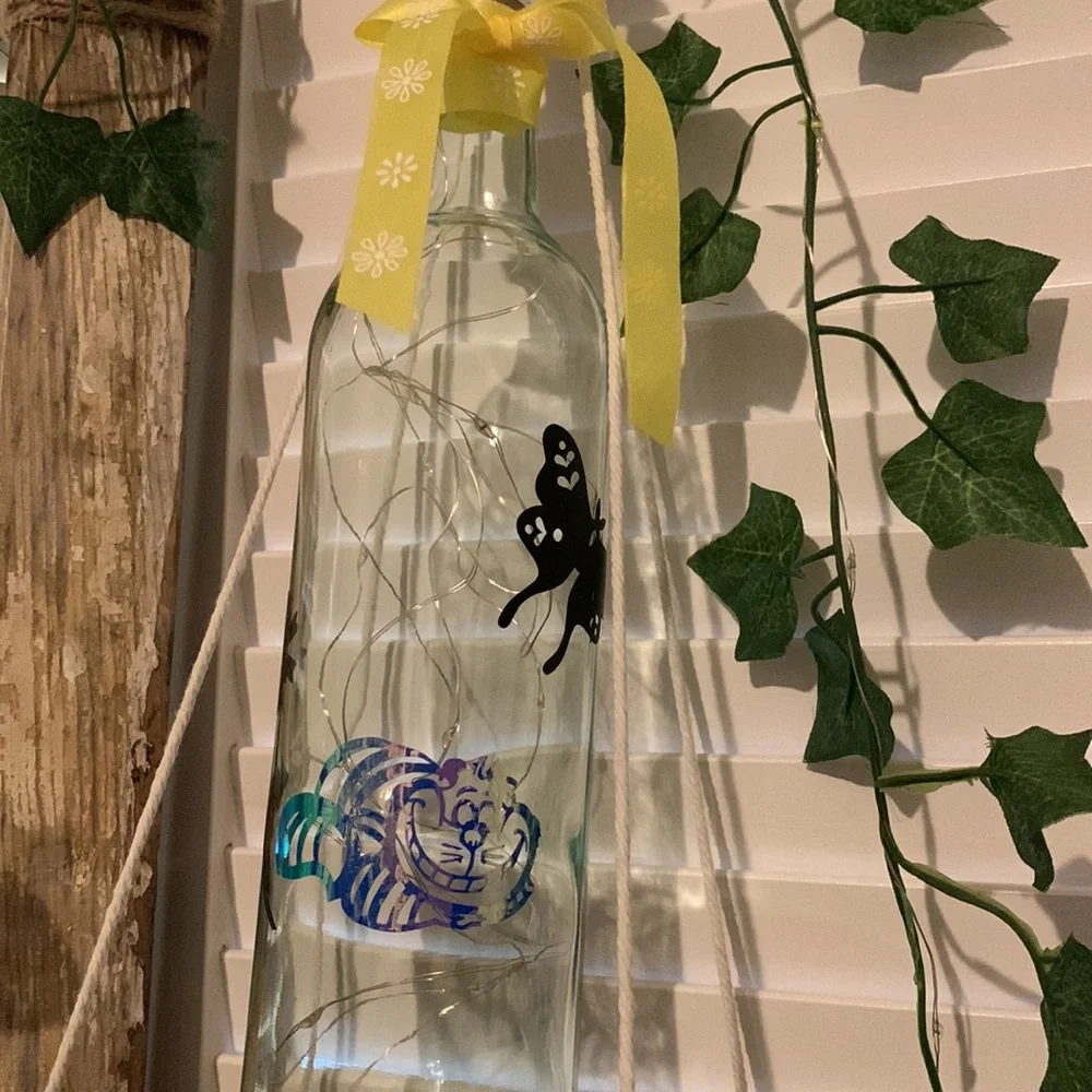 Iridescent Cheshire Cat wine bottle lantern